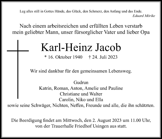 Traueranzeige von Karl-Heinz Jacob von Usinger Anzeiger