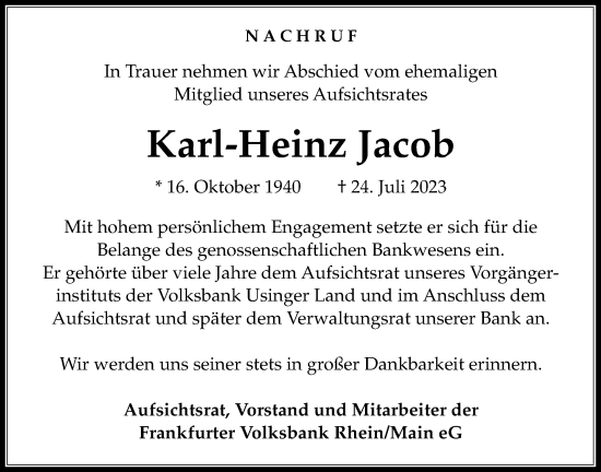 Traueranzeige von Karl-Heinz Jacob von Usinger Anzeiger