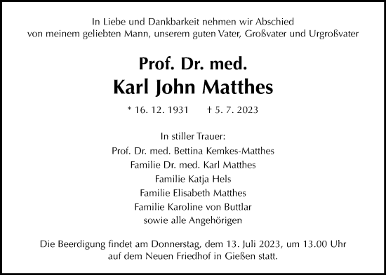 Traueranzeige von Karl John Matthes von Giessener Anzeiger, Giessener Allgemeine, Alsfelder Allgemeine