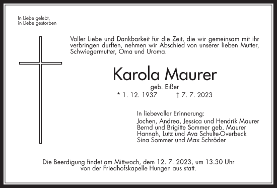 Traueranzeige von Karola Maurer von Giessener Anzeiger, Giessener Allgemeine, Alsfelder Allgemeine