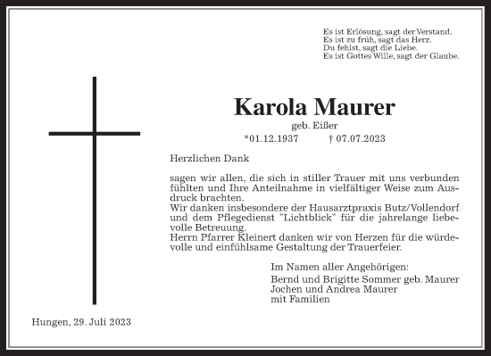 Traueranzeige von Karola Maurer von Giessener Allgemeine, Alsfelder Allgemeine