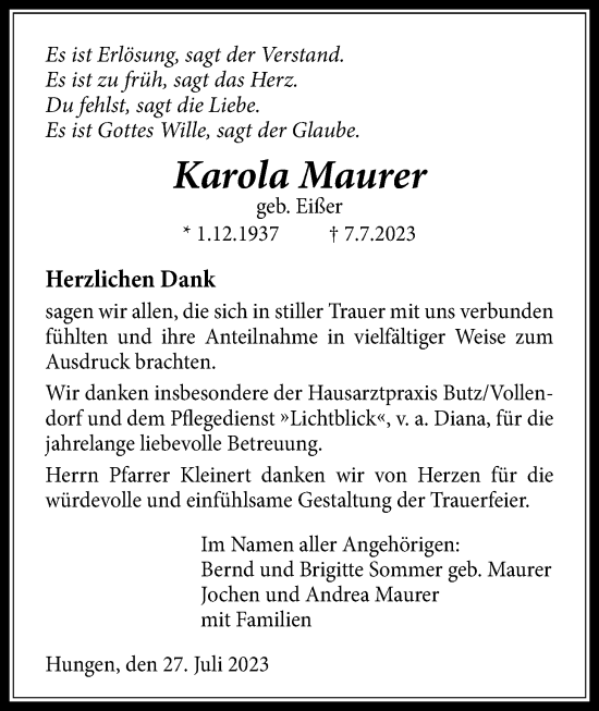 Traueranzeige von Karola Maurer von Licher Wochenblatt