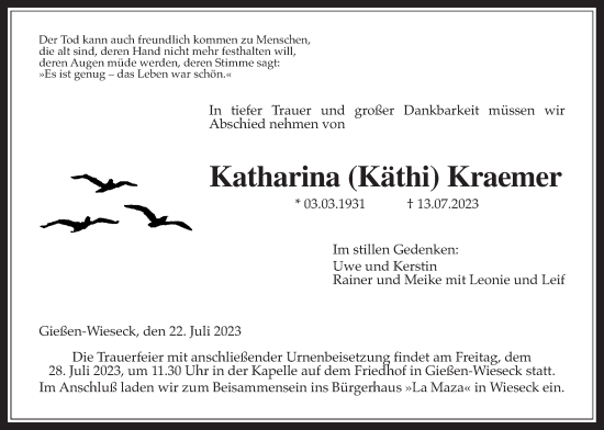 Traueranzeige von Katharina Kraemer von Giessener Allgemeine, Alsfelder Allgemeine, Giessener Anzeiger