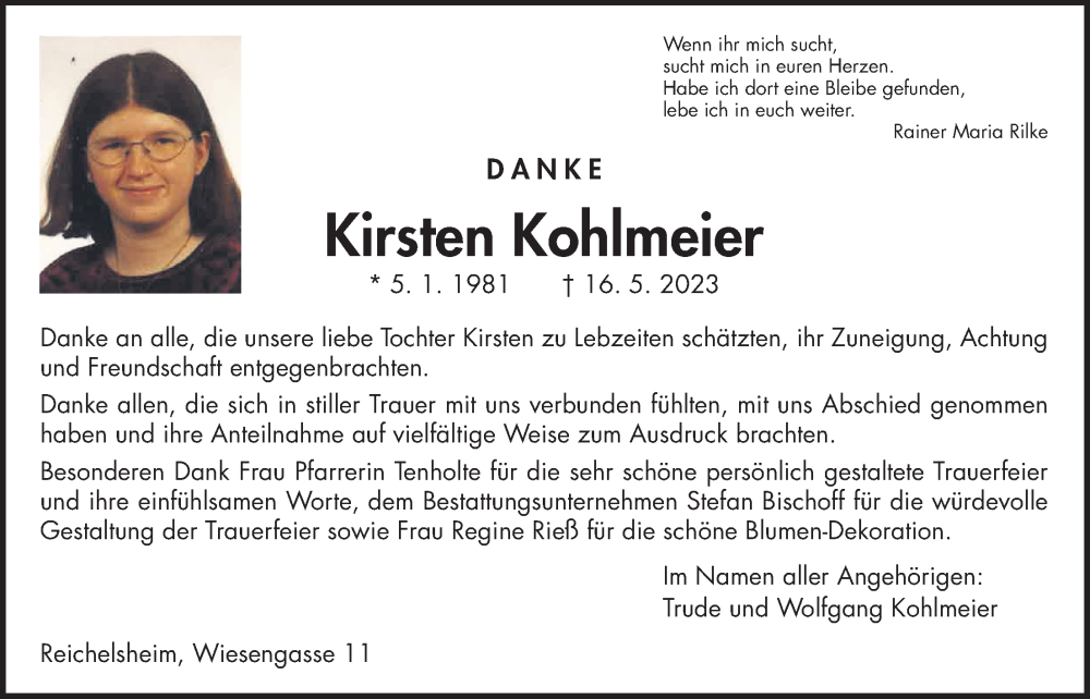  Traueranzeige für Kirsten Kohlmeier vom 15.07.2023 aus Wetterauer Zeitung