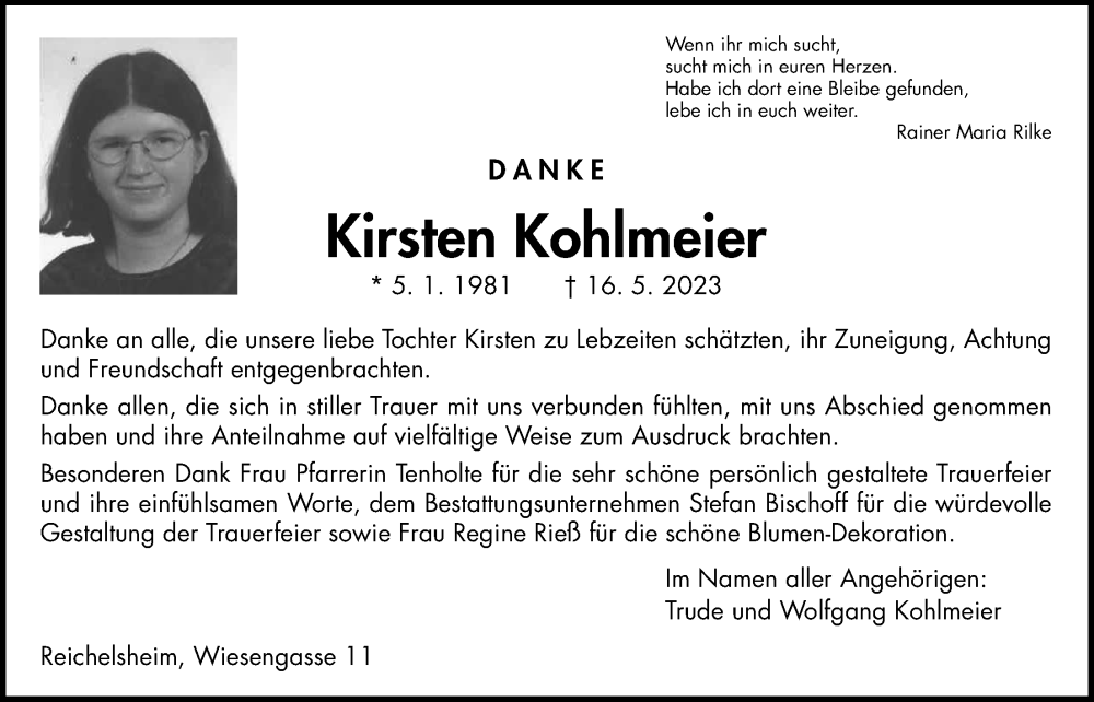  Traueranzeige für Kirsten Kohlmeier vom 08.07.2023 aus Wetterauer Zeitung