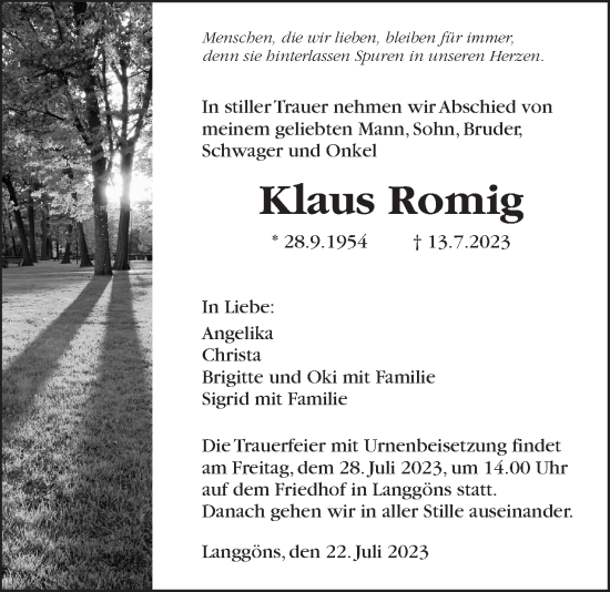 Traueranzeige von Klaus Romig von Giessener Allgemeine, Alsfelder Allgemeine