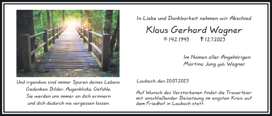 Traueranzeige von Klaus Gerhard Wagner von Laubacher Anzeiger