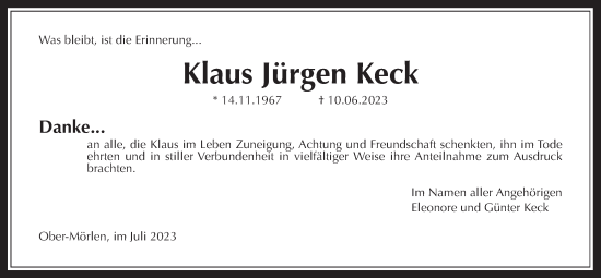 Traueranzeige von Klaus Jürgen Keck von Wetterauer Zeitung