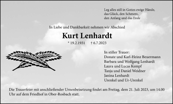 Traueranzeige von Kurt Lenhardt von Wetterauer Zeitung