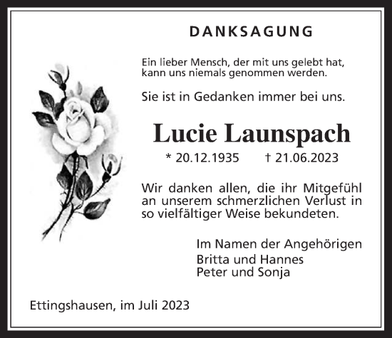 Traueranzeige von Lucie Launspach von Licher Wochenblatt