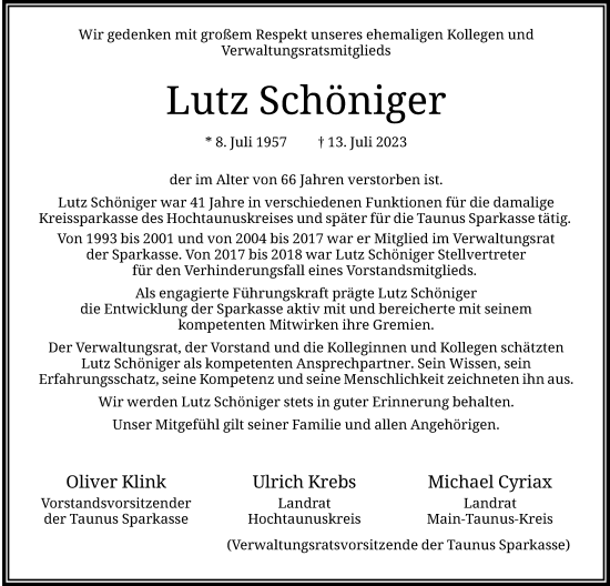 Traueranzeige von Lutz Schöniger von Usinger Anzeiger