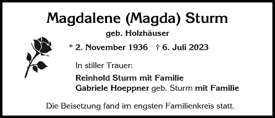 Traueranzeige von Magdalene Sturm 