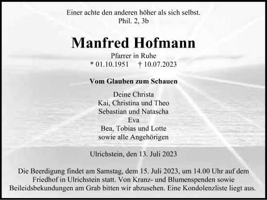 Traueranzeige von Manfred Hofmann von Alsfelder Allgemeine
