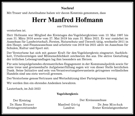Traueranzeige von Manfred Hofmann von Alsfelder Allgemeine