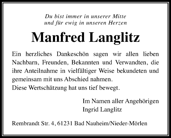 Traueranzeige von Manfred Langlitz von Wetterauer Zeitung