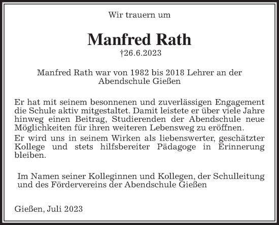 Traueranzeige von Manfred Rath von Giessener Anzeiger, Giessener Allgemeine, Alsfelder Allgemeine