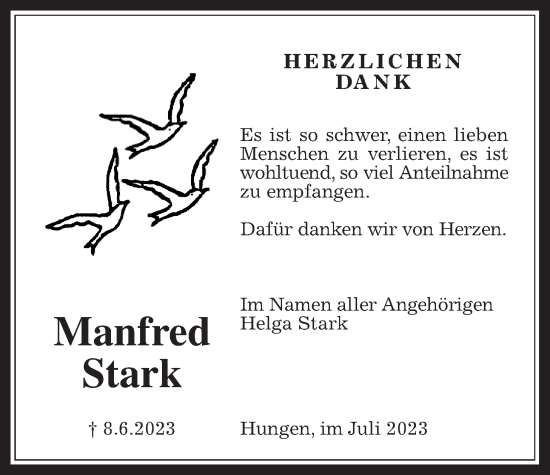 Traueranzeige von Manfred Stark von Licher Wochenblatt