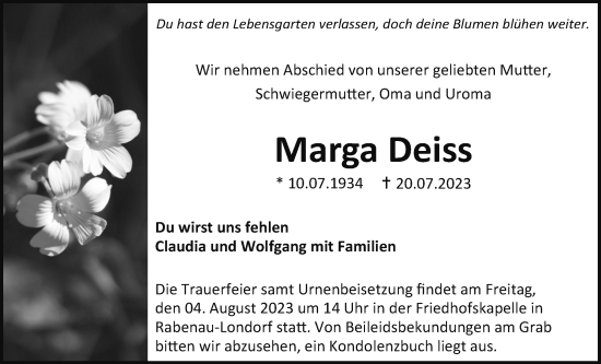 Traueranzeige von Marga Deiss von Giessener Anzeiger