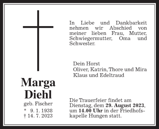 Traueranzeige von Marga Diehl von Licher Wochenblatt