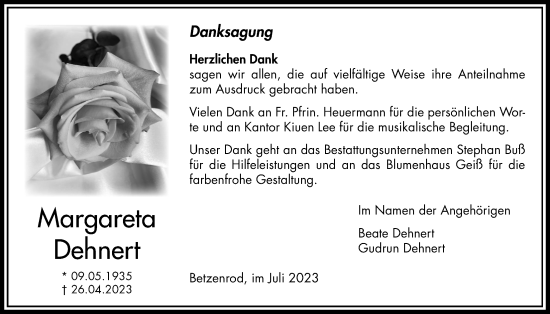 Traueranzeige von Margareta Dehnert von Kreis-Anzeiger
