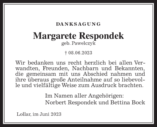 Traueranzeige von Margarete Respondek von Giessener Allgemeine, Alsfelder Allgemeine