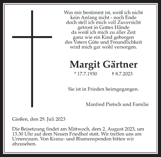 Traueranzeige von Margit Gärtner von Giessener Anzeiger