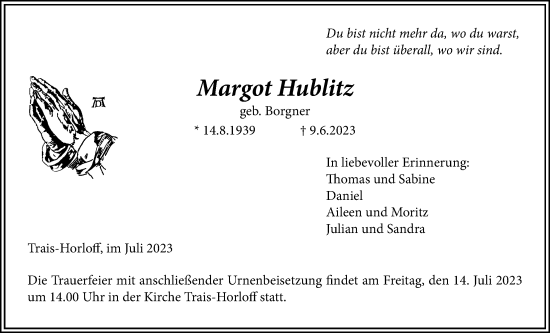 Traueranzeige von Margot Hublitz von Licher Wochenblatt