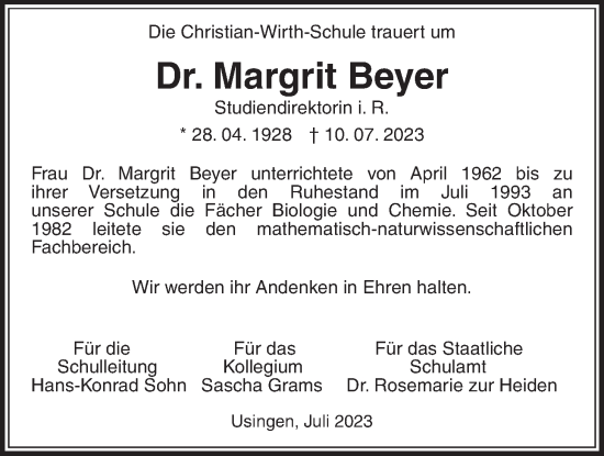 Traueranzeige von Margrit Beyer von Usinger Anzeiger