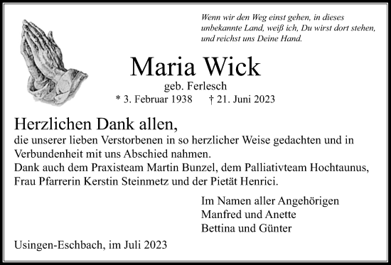 Traueranzeige von Maria Wick von Usinger Anzeiger