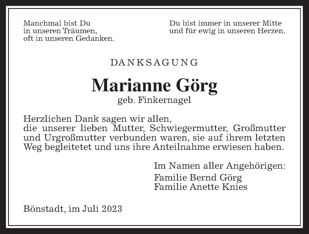  Traueranzeige für Marianne Görg vom 08.07.2023 aus Wetterauer Zeitung