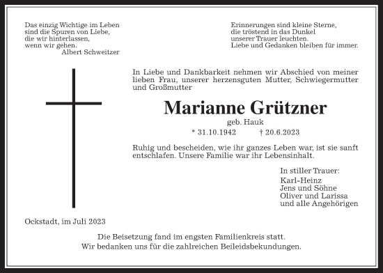 Traueranzeige von Marianne Grützner von Wetterauer Zeitung