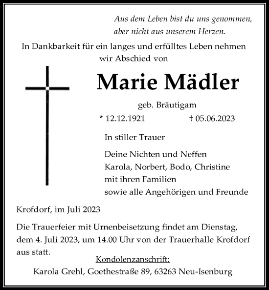 Traueranzeige von Marie Mädler von Giessener Allgemeine, Alsfelder Allgemeine