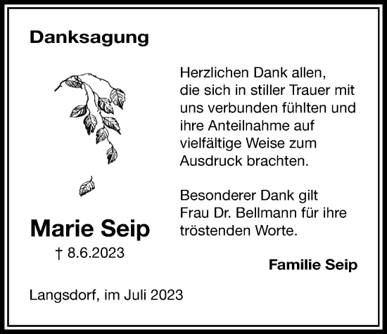 Traueranzeige von Marie Seip von Licher Wochenblatt