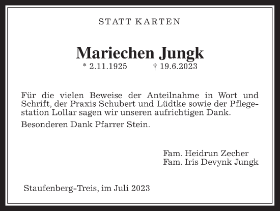 Traueranzeige von Mariechen Jungk von Giessener Anzeiger, Giessener Allgemeine, Alsfelder Allgemeine