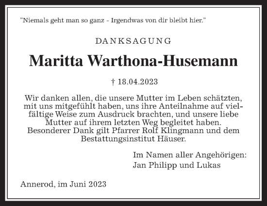 Traueranzeige von Maritta Warthona-Husemann von Giessener Allgemeine, Alsfelder Allgemeine