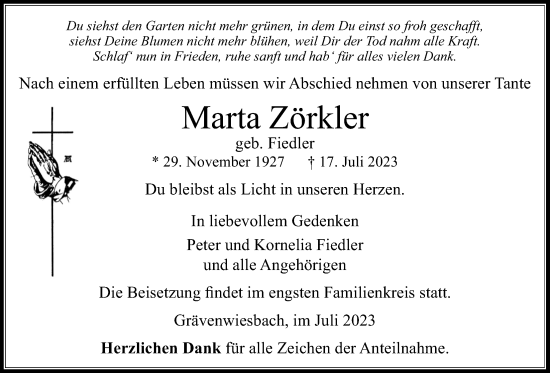 Traueranzeige von Marta Zörkler von Usinger Anzeiger