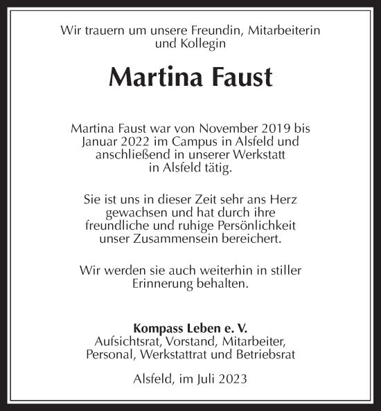 Traueranzeige von Martina Faust von Giessener Allgemeine, Alsfelder Allgemeine