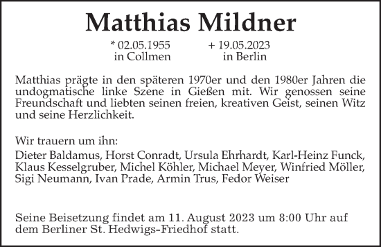 Traueranzeige von Matthias Mildner von Giessener Allgemeine, Alsfelder Allgemeine, Giessener Anzeiger