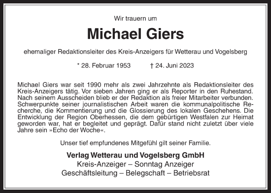 Traueranzeige von Michael Giers von Kreis-Anzeiger, 