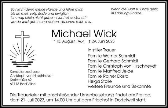 Traueranzeige von Michael Wick von Bad Vilbel/Karben