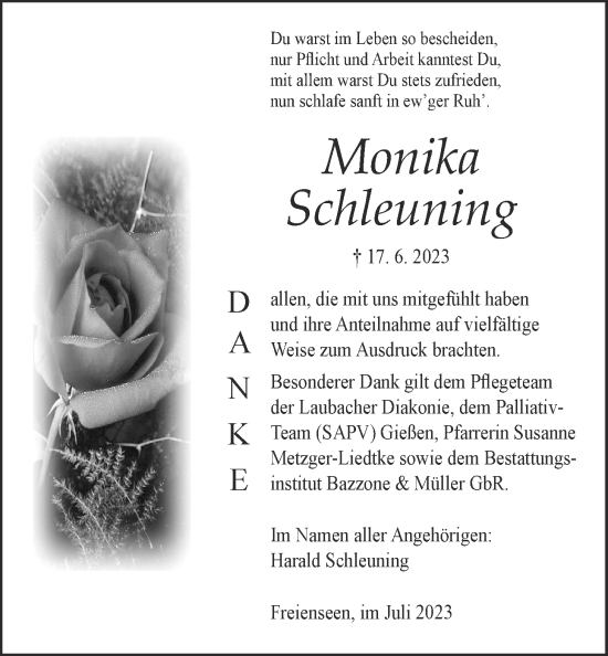 Traueranzeige von Monika Schleuning von Laubacher Anzeiger
