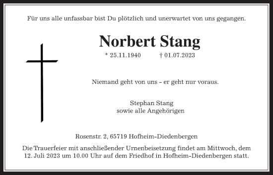 Traueranzeige von Norbert Stang 