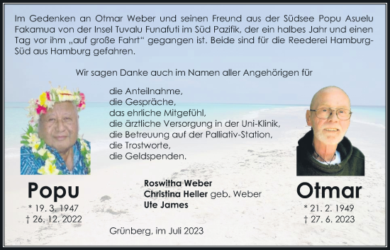 Traueranzeige von Otmar Weber von Giessener Allgemeine, Alsfelder Allgemeine