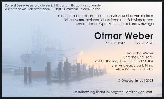 Traueranzeige von Otmar Weber von Giessener Allgemeine, Alsfelder Allgemeine