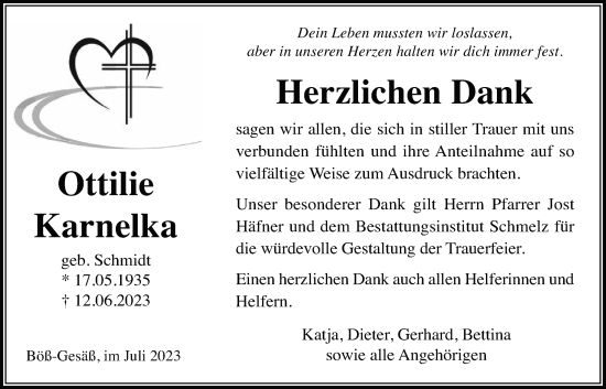 Traueranzeige von Ottilie Karnelka von Kreis-Anzeiger