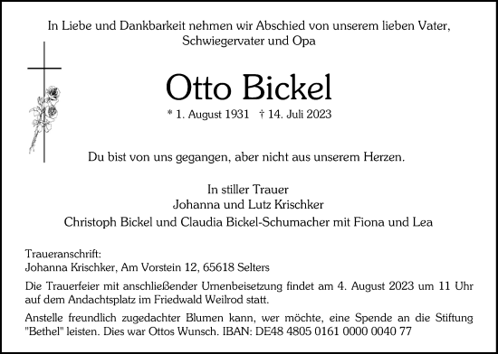 Traueranzeige von Otto Bickel von Wetterauer Zeitung