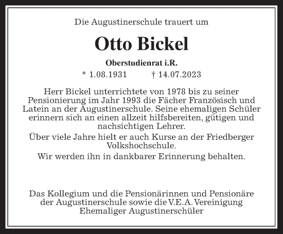 Traueranzeige von Otto Bickel von Wetterauer Zeitung