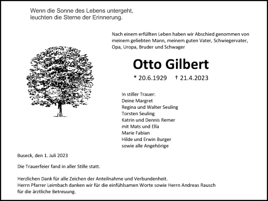 Traueranzeige von Otto Gilbert von Giessener Anzeiger, Giessener Allgemeine, Alsfelder Allgemeine