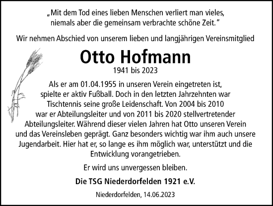 Traueranzeige von Otto Hofmann von Bad Vilbel/Karben
