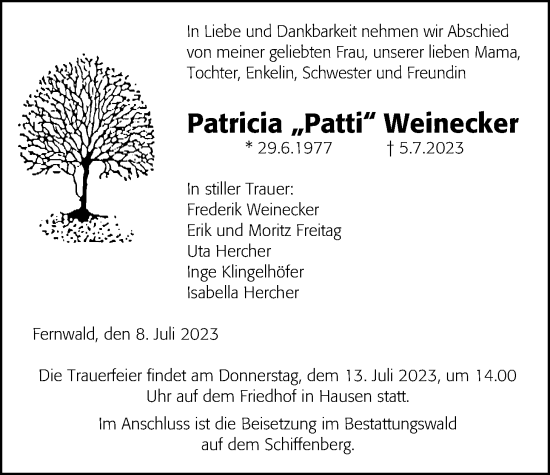 Traueranzeige von Patricia Weinecker von Giessener Allgemeine, Alsfelder Allgemeine